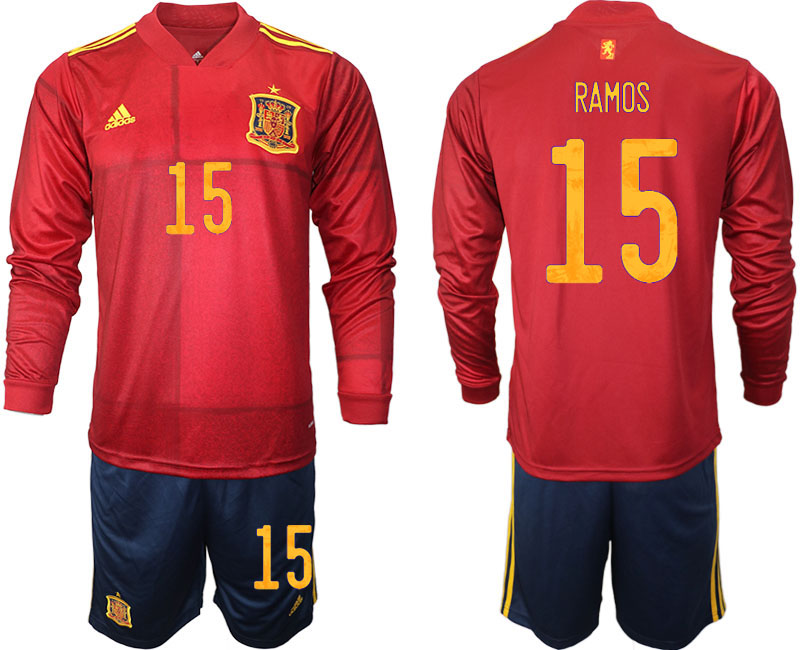 Men 2021 European Cup Spain home Long sleeve #15 soccer jerseys